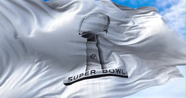 アメリカ カリフォルニア州イングルウッド2022年1月 スーパーボウルの旗が風になびく スーパーボウルはNflの年間プレーオフ選手権ゲームです — ストック動画