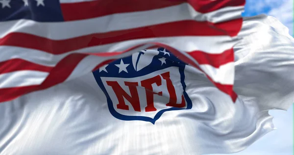 イングルウッド アメリカ 20221年1月 Nflのロゴが風になびく旗と アメリカ国旗が前景でぼやけている Nflはアメリカのプロサッカーリーグです — ストック写真