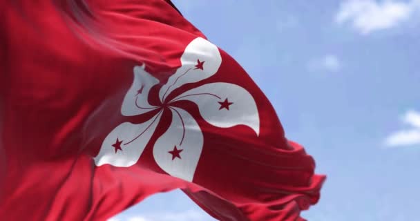 Detalle Bandera Civil Hong Kong Ondeando Viento Día Despejado Enfoque — Vídeos de Stock
