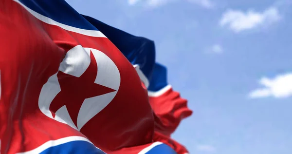 Detalle Bandera Nacional Corea Del Norte Ondeando Viento Día Claro — Foto de Stock