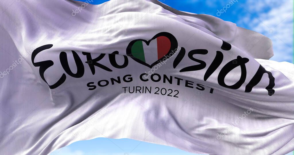 Turin, Italy, January 2022: the white flag with the Eurovision Song Contest 2022 logo waving in the wind. The 2022 edition will take place in Turin, Italy from 10 to 14 May