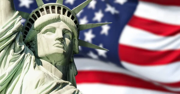 Άγαλμα Της Ελευθερίας Θολή Αμερικανική Σημαία Κυματίζει Στο Βάθος Έννοια — Φωτογραφία Αρχείου