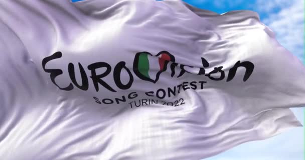 Turim Itália Janeiro 2022 Bandeira Branca Com Logotipo Festival Eurovisão — Vídeo de Stock
