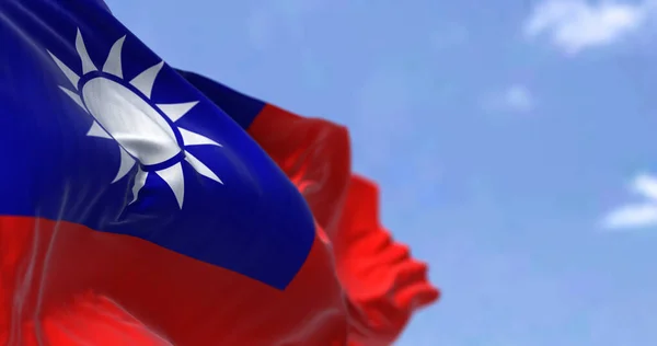 Detail National Flag Taiwan Republic China Waving Wind Clear Day — Stock Photo, Image