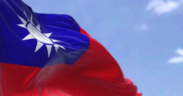 Detalj Den Nationella Flaggan Taiwan Republiken Kina Vinka Vinden Klar — Stockvideo