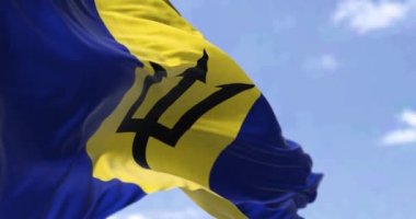 Açık bir günde rüzgarda dalgalanan Barbados bayrağının ayrıntıları. Barbados, Amerika kıtasında, Batı Hint Adaları 'nın Küçük Antilleri' nde bulunan bir adadır. Seçici odak.