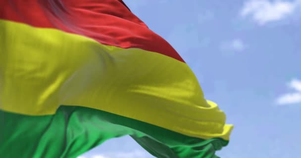 晴れた日に風になびくボリビア国旗の詳細 ボリビアは南米の西中部に位置する内陸国です 愛国心 選択的フォーカス シームレスなスローモーション — ストック動画