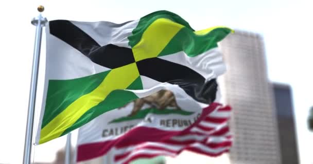 モントレー市の旗はカリフォルニア州とアメリカ合衆国の国旗を背景に風になびいている サンディエゴ市旗 — ストック動画