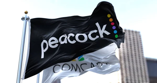 New York Usa January 2022 Flag Peacock Waving Wind Comcast — Stock Photo, Image