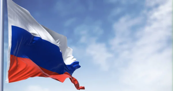 Detal Flagi Narodowej Rosji Machający Wietrze Pogodny Dzień Demokracja Polityka — Zdjęcie stockowe