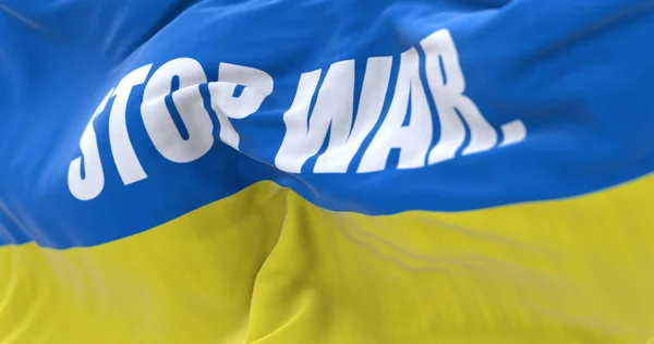 Detail Národní Vlajky Ukrajiny Textem Stop War Vlnícím Větru Demokracie — Stock fotografie