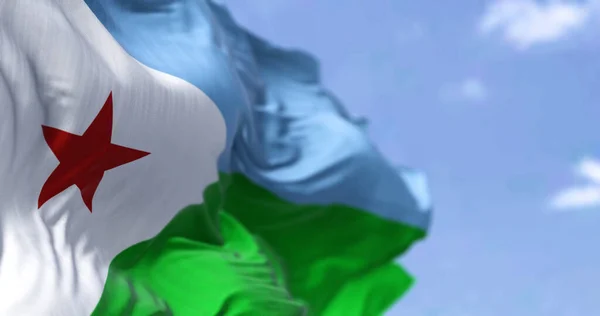 Detalle Bandera Nacional Djibouti Ondeando Viento Día Claro Yibuti País — Foto de Stock