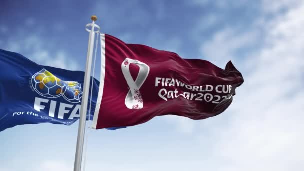 Doha Qatar Januari 2022 Bendera Dengan Fifa Dan Qatar 2022 — Stok Video