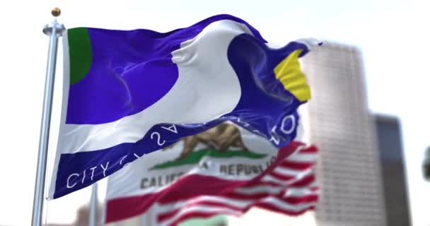 새크라멘토 국기가 바람에 흔들리면서 캘리포니아 미국의 국기가 배경으로 해졌다 새크라멘토 — 비디오