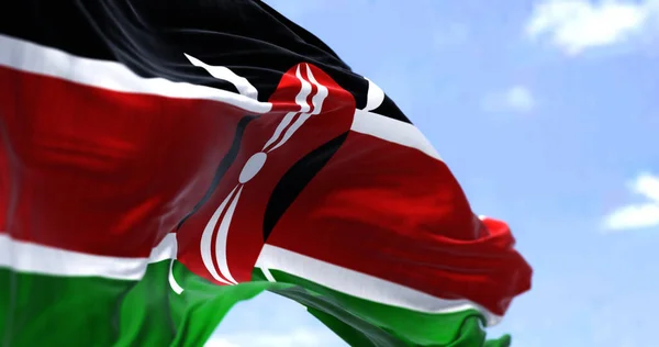 Detalhe Bandeira Nacional Quênia Acenando Vento Dia Claro Quênia País — Fotografia de Stock