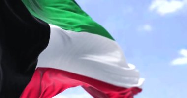 Açık bir günde rüzgarda dalgalanan Kuveyt bayrağının ayrıntıları. Kuveyt, Batı Asya 'da bir ülkedir. Seçici odaklanma. Yavaş çekimde kusursuz döngü