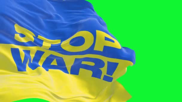 乌克兰国旗的细节 停止战争 的文字在绿色背景下挥动孤立 民主和政治 爱国心 有选择的重点 无缝隙慢动作 — 图库视频影像