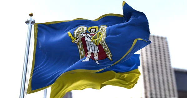 City Flag Kiev Depiction Archangel Gabriel Waving Ukrainian National Flag — Stock Photo, Image