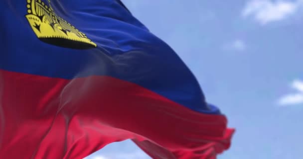 Detalhe Bandeira Nacional Liechtenstein Acenando Vento Dia Claro Liechtenstein Uma — Vídeo de Stock