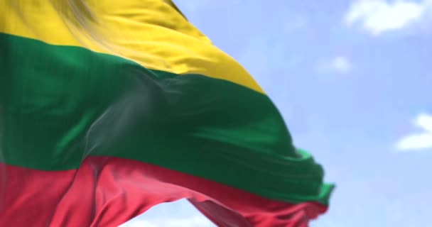 晴れた日に風になびくリトアニア国旗の詳細 リトアニアはヨーロッパのバルト海地域の国です 選択的フォーカス スローモーションでシームレスにループ — ストック動画