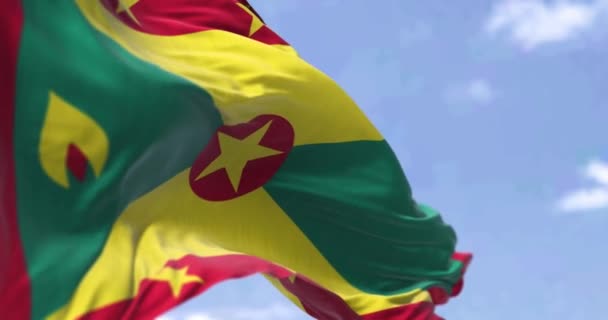 Detalj Den Nationella Flaggan Grenada Vinka Vinden Klar Dag Grenada — Stockvideo