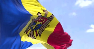 Moldova bayrağının açık bir günde rüzgarda dalgalanmasının ayrıntıları. Moldova, Doğu Avrupa 'da bağımsız bir devlettir. Seçici odaklanma. Yavaş çekimde kusursuz döngü
