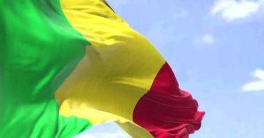 Açık bir günde rüzgarda dalgalanan Mali bayrağının ayrıntıları. Mali, Batı Afrika 'da denize kıyısı olmayan bir ülke. Seçici odaklanma. Yavaş çekimde kusursuz döngü