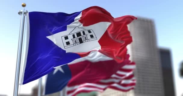 Drapeau Ville San Antonio Agitant Dans Vent Avec État Texas — Video