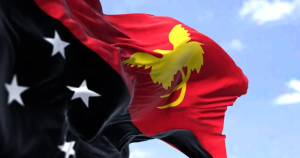 Detalle Bandera Nacional Papúa Nueva Guinea Ondeando Viento Día Despejado — Foto de Stock