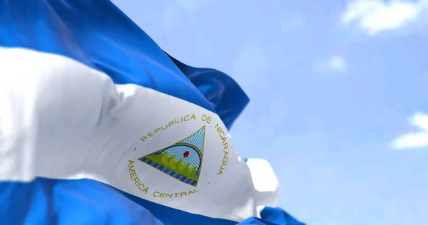 Nicaragua Nemzeti Zászlójának Részletei Lobognak Szélben Egy Tiszta Napon Nicaragua — Stock Fotó
