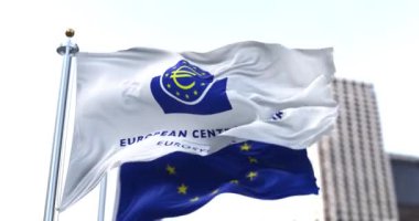 Frankfurt, GER, Mart 2022: Avrupa Merkez Bankası 'nın bayrağı rüzgarda dalgalanırken arka planda bulanıklaştı. Avrupa para birimi. 