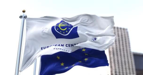 Frankfurt Ger Březen 2022 Vlajka Evropské Centrální Banky Vlála Větru — Stock video