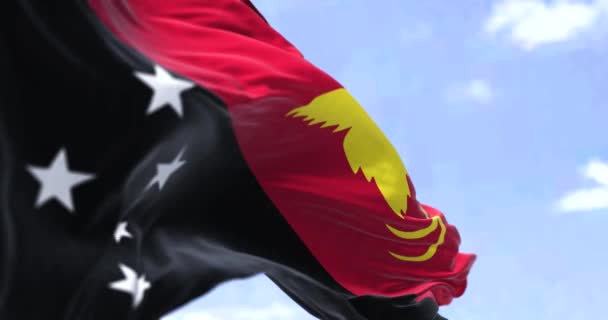 Detail Národní Vlajky Papuy Nové Guineje Vlající Větru Jasného Dne — Stock video