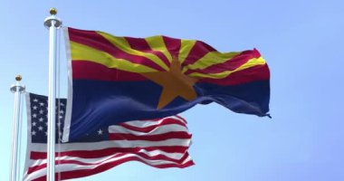 Arizona eyaletinin ve Birleşik Devletler 'in bayrakları rüzgarda sallanıyor. Demokrasi ve bağımsızlık. Amerikan devleti. Kusursuz 3 boyutlu animasyon