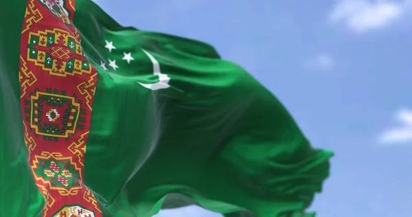 Деталь Государственного Флага Туркменистана Размахивающего Ветром Ясный День Туркменистан Является — стоковое фото