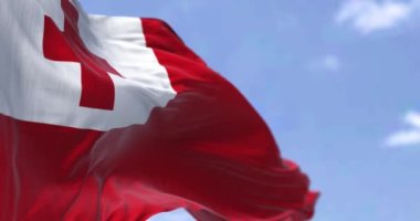 Tonga bayrağının açık havada rüzgarda dalgalanmasının ayrıntıları. Tonga bir Polinezya ülkesi ve aynı zamanda bir takımada. Seçici odaklanma. Yavaş çekimde kusursuz döngü