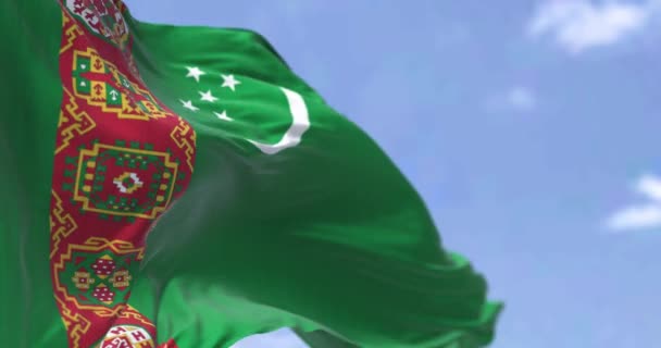 Detail National Flag Turkmenistan Waving Wind Clear Day Turkmenistan Landlocked — Stock Video