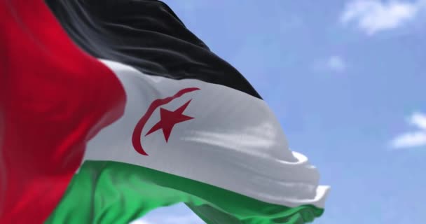 Detal Flagi Narodowej Sahrawi Arabskiej Republiki Demokratycznej Machający Wietrze Pogodny — Wideo stockowe