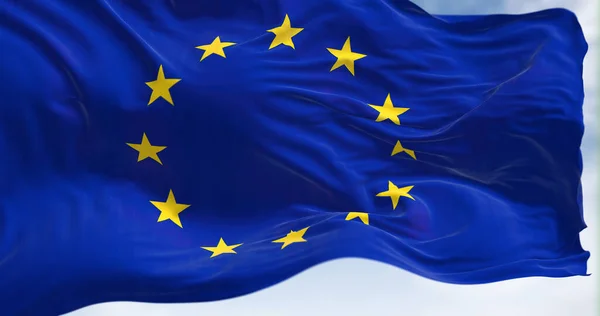 Europeiska Unionens Flagga Fladdrar Vinden Ekonomiska Och Finansiella Gemenskapen Politik — Stockfoto