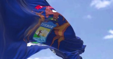 ABD 'nin Michigan bayrağı rüzgarda sallanıyor. MIchigan, Amerika Birleşik Devletleri 'nin orta batısında Büyük Göller Bölgesi' nde bir eyalettir. Demokrasi ve bağımsızlık. Yavaş çekimde kusursuz döngü