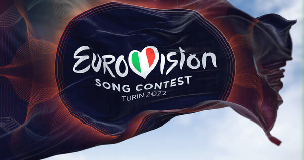 Turin, Italy, January 2022: The flag of the Eurovision Song Contest 2022 logo waving in the wind. The 2022 edition will take place in Turin, Italy from 10 to 14 May