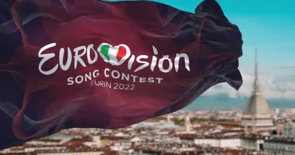 Turin Italie Janvier 2022 Drapeau Concours Eurovision Chanson 2022 Brandissant — Video