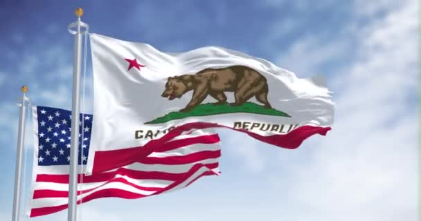 加利福尼亚州的国旗与美国国旗一同飘扬 在背景上有一个晴朗的天空 旗子上刻有一只行走的熊和一颗五角红星 — 图库视频影像