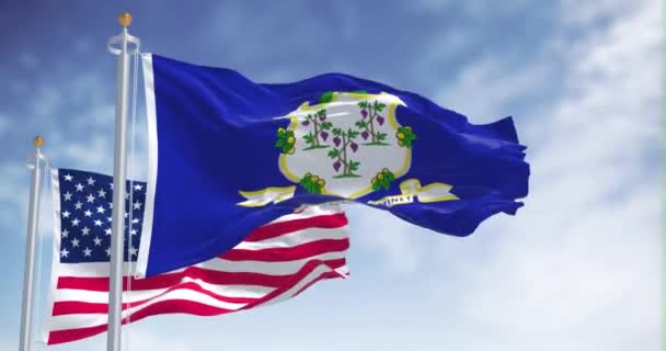 康涅狄格州的国旗与美利坚合众国国旗一同飘扬 在背景上有一个晴朗的天空 4K无缝圈 — 图库视频影像