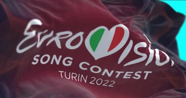Torino Talya Nisan 2022 2022 Eurovision Şarkı Yarışması Bayrağı Rüzgarda — Stok video