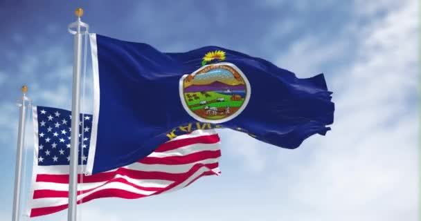 堪萨斯州的国旗与美利坚合众国国旗一同飘扬 在背景上有一个晴朗的天空 堪萨斯州是美国中西部的一个州 — 图库视频影像