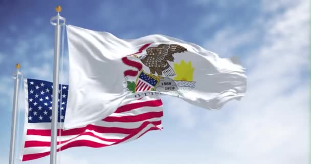 Bendera Negara Bagian Illinois Melambai Bersama Dengan Bendera Nasional Amerika — Stok Video