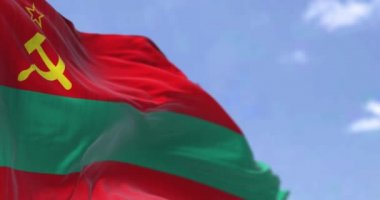 Transnistria 'nın rüzgarda dalgalanan ulusal bayrağının yakın plan görüntüsü. Arka planda açık bir gökyüzü. Vatanseverlik ve gurur. Seçici odaklanma. Yavaş çekimde kusursuz döngü