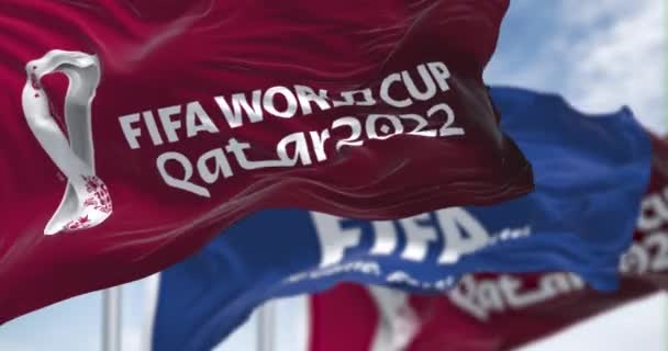 Doha Qatar Abril 2022 Banderas Con Logotipo Copa Del Mundo — Vídeos de Stock