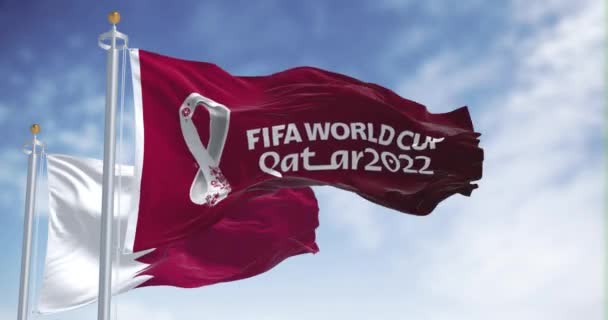 2022年1月 卡塔尔多哈 卡塔尔国旗2022年世界杯会徽迎风飘扬在卡塔尔国旗之间 活动定于2022年11月21日至12月18日在卡塔尔举行 4K无缝圈 — 图库视频影像